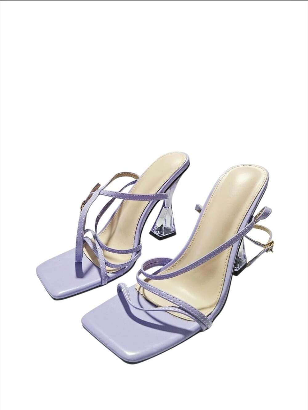 Purple Strappy Square Toe Size 10 Sandals with Sculptural Clear Heel